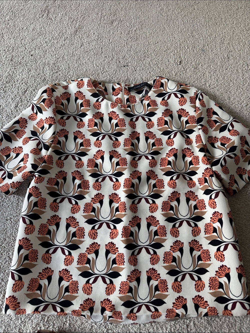 Zara Floral Graphic Short Sleeve Top in Cream and Rust